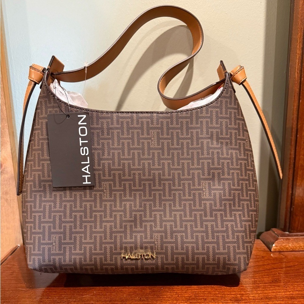 HALSTON NWT Heidi Signature Logo Heritage Geometric Brown Shoulder Bag Purse